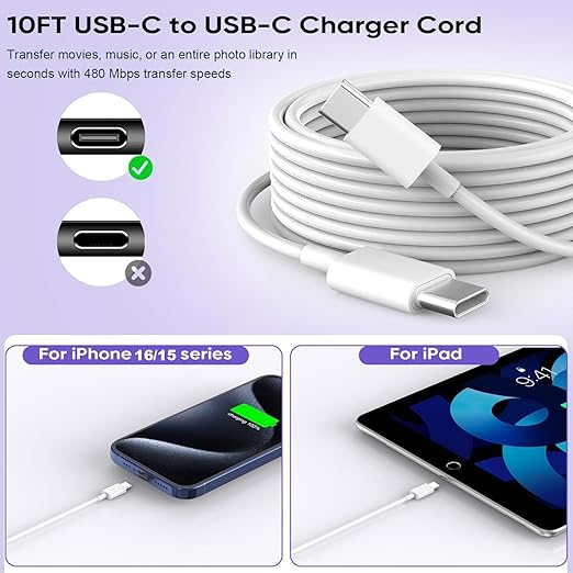 Fast iPhone 17 Charger, 20W Fast USB C Charging Block Wall Charger with 10Feet Long Usb Type C Chargers Compatible with iPhone Air/17/17Plus/17 Pro/17 ProMax/16/16 Plus/16 Pro/16e/16 ProMax/15/iPadPro