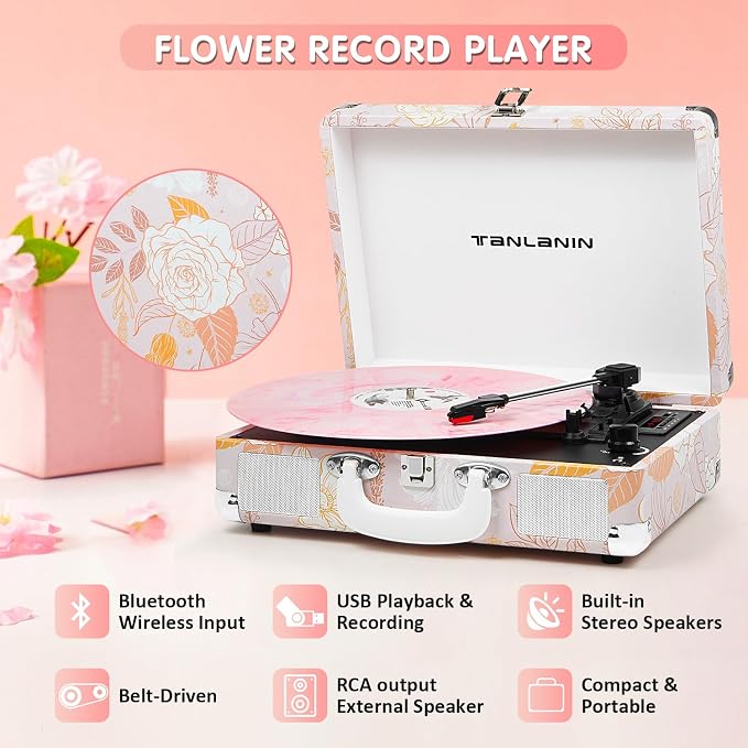 Pink Floral Vinyl Record Player with Built-in Speakers & USB Recording, Vintage 3-Speed Bluetooth Portable Suitcase Turntables Belt-Driven LP Player Support AUX/RCA/Headphone Jack