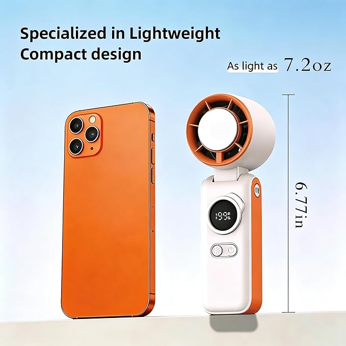 Handheld High Speed Turbo Ice Fan,with Semiconductor Ice Cooling,199 Speed/26550RPM,6000mAh USB Rechargeable,3-in-1 Mini AC Fan(Hand/Neck/Desk),Portable Personal Fans for Outdoor Travel Beach(Orange）