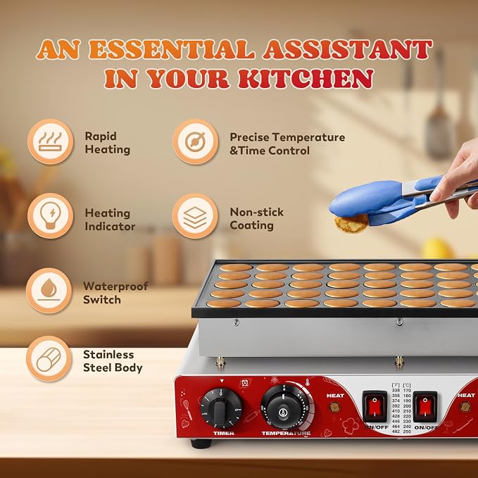 Moongiantgo Mini Pancake Maker Machine 50pcs, Non-Stick Commercial Dutch Pancake Maker Stainless Steel, Electric Muffin Poffertjes Waffle Baker With 2 Thermostats&2 Timers For Restaurant&Home, 110v