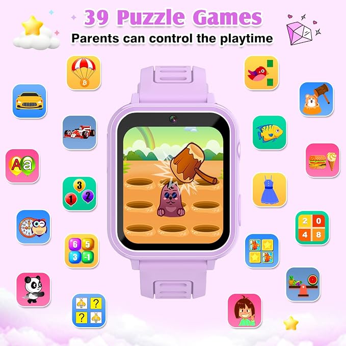 Smart Watch for Kids with 39 Games,Camera,Video,Music Player,Recorder,Alarm,Pedometer,Flashlight,Stopwatch,HD Touch Screen,Borthday Gift Toy for Girls Ages 3-12(Purple)