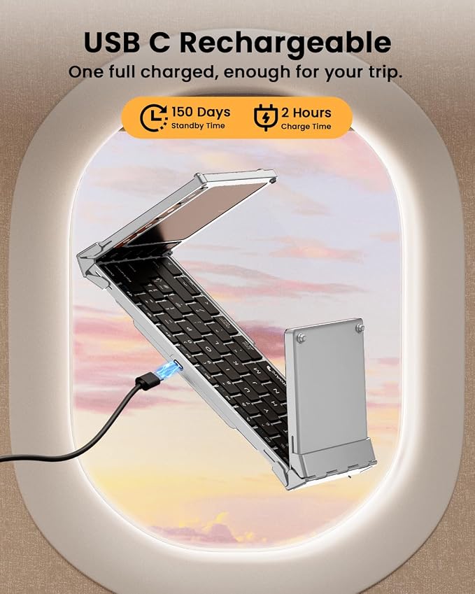 ProtoArc Foldable Keyboard with Touchpad, XK01 TP Folding Portable Keyboard, Full Size Keys, Large Trackpad Bluetooth Travel Keyboards for Laptop PC Tablet - Silver