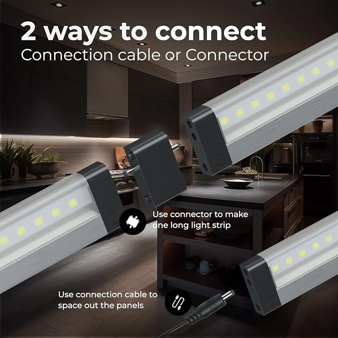 EShine Hand Wave Activated Under Cabinet LED Lighting Kit, Dimmable, 6-Pack 12 in - Touchless Dimming Control, Black Under Counter Lights for Kitchen, Garage, Office, Desk - Cool White (6000K)
