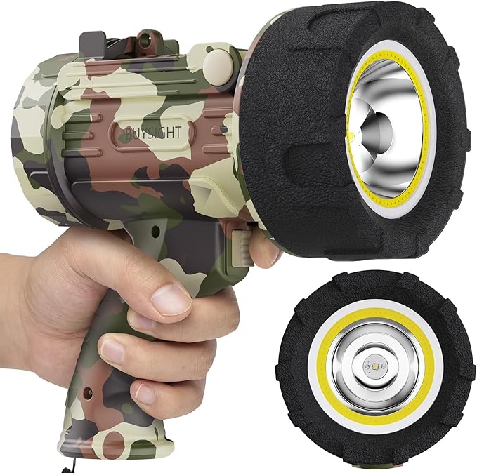 BUYSIGHT Rechargeable Spotlight Flashlight, TURE 1600 high lumens Hand held Spotlight Waterproof Flashlight Hunting floodlight with red Filter(Camouflage Gray-COB)