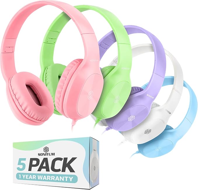 Sonitum Kids Headphones for School Bulk Set 5-Pack On-Ear, 3.5mm, Wired Headphones for Schools & Libraries – Adjustable, Cushioned Wired Kids, (Mixed Colors)