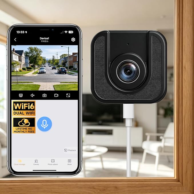 3MP Window Camera, Lifetime Free Cloud Storage, WiFi6 Indoor Security Camera, Night Vision, AI Detection, 24/7 Recording, Compatible with Alexa, Black, 1PCS
