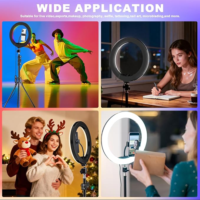 𝗡𝗲𝘄𝗲𝘀𝘁 13" Selfie Ring Light with 63" Stand and 3 Phone Holder, 53 Lighting Modes, iPad Holder, Remote, Desk Tripod, RGB Ringlight for iPhone. Vlogging Circle Led Halo Light Photo Video Kit