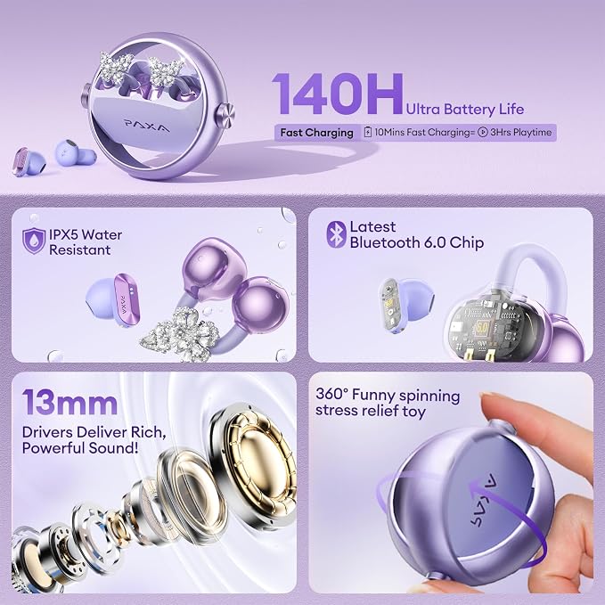 PAXA 3 in 1 Ctbuds Stylish Jewelry-Style Clip on Open Ear Headphones Wireless Earbuds, Instant Earring Mode, Ultra-Long 140H Play, Bluetooth 6.0, All-Day Wear for Work Fitness Daily Use, Purple