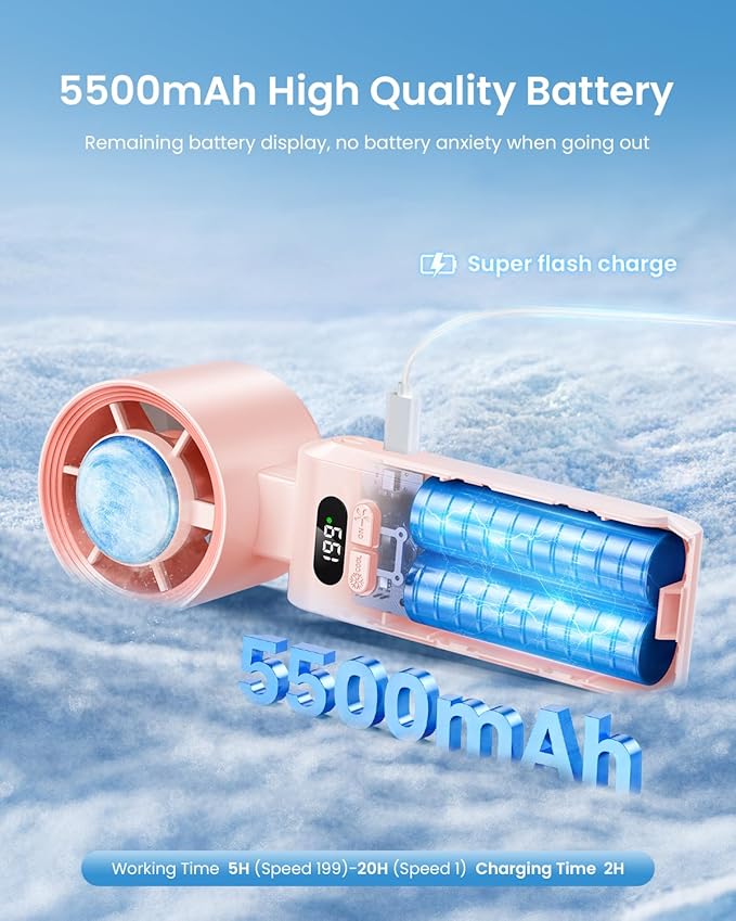 2 Pack Handheld Portable Turbo Fan with Ice Cooler, Speed (1-199) 5500mAh*2 Rechargeable Personal Fan,[20H Cooling Time] Mini Yet Powerful, Small Pocket Fans for Travel/Outdoor/Office, Pink
