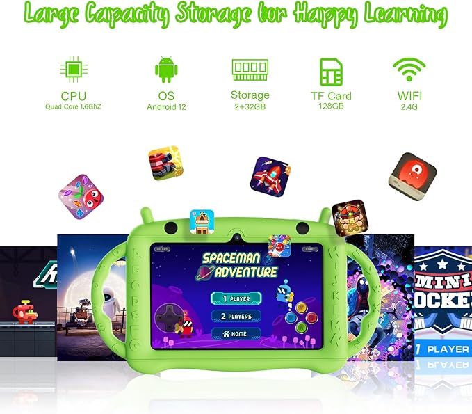 7 inch Tablet for Kids 2-10, Educational Learning Toddler Tablet Android 12 with Shockproof Case, 2GB RAM+32GB ROM, Parental Control, Dual Camera, Gift for Boy Girl（Green）