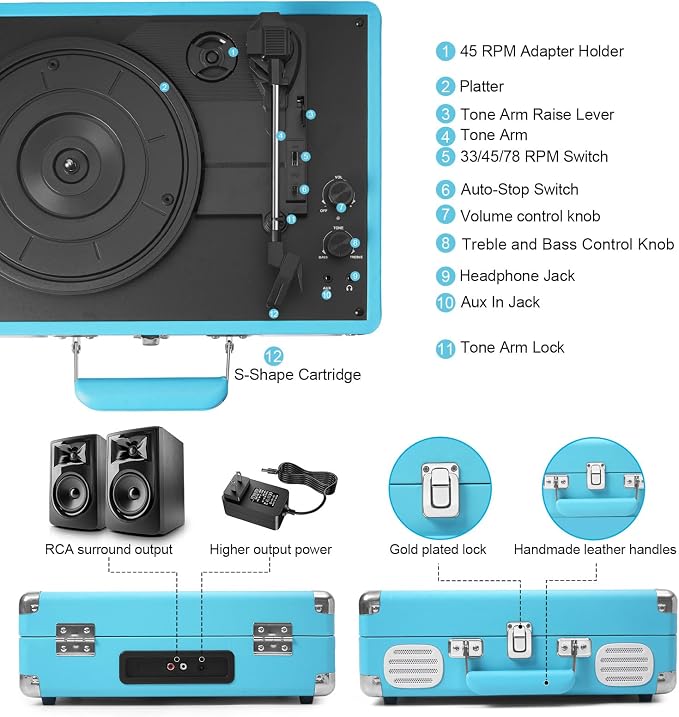 Record Player 3 Speed Bluetooth Portable Suitcase, Vinyl Phonograph with Built-in Bass & Speakers, Belt-Driven LP Player Support AUX-in RCA Line Out Headphone Jack, Blue