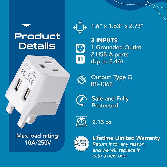 Ceptics UK adapters for Travel to London, Hong Kong, Ireland - Dual USB-A & USA Input - Type G Adapter Grounded - Ideal for Phone, Laptop, Cameras