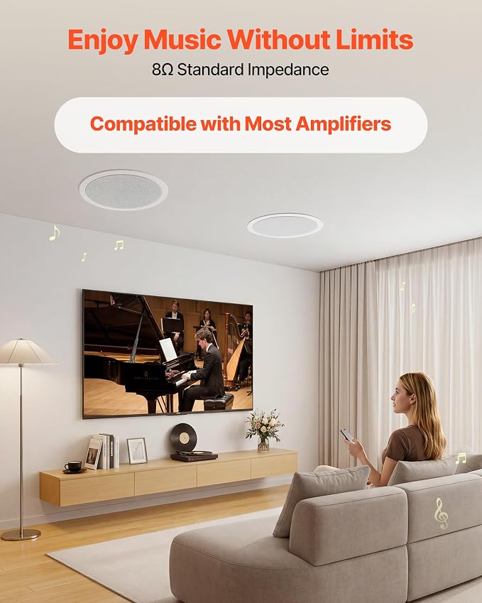 VEVOR in Ceiling Speakers, 8", in-Ceiling & in-Wall Speaker System, Hi-Fi Sound, 150W Peak, 2-Way Flush Mount Speakers, for Damp Humid Placement, Home Theater, Living Room, or Covered Patio, 1 Pair
