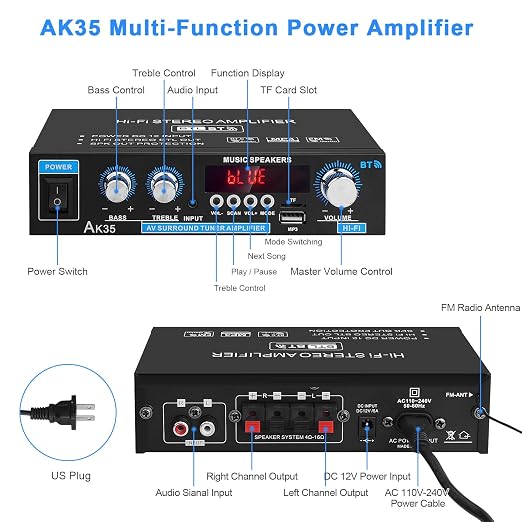 Home Audio Amplifier AK-35 HiFi Bluetooth 5.0 Mini Stereo Power Amp Receivers 2.0 Channel RMS 30W x 2 Max. 200W Output with USB,AUX,FM Radio for Home Theater Speakers System