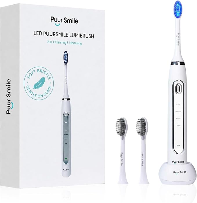 Soft Bristle Electric Toothbrush, Rechargeable with Wireless Charging by Puur Smile - 2 (Blue led) Brush Heads for Adults | 4 Cleaning Modes with Smart Timer, IPX7 Waterproof, Long-Lasting Battery