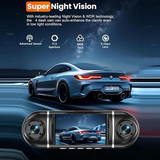 4 Channel Dash Cam Front and Rear Inside, 360° View 1080P Dash Camera for Cars, Super Night Vision, Gravity Sensor, Loop Recording, WDR, 24H Parking Mode, WiFi & APP Control, with 64GB Card