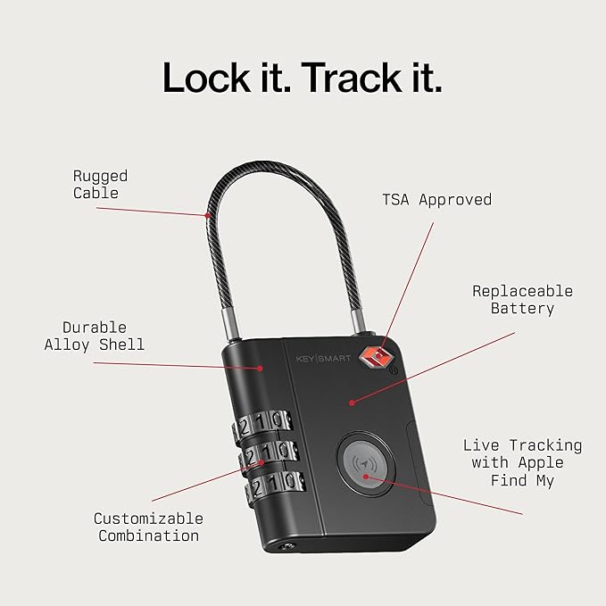 KeySmart SmartLock Tracking Luggage Locks, TSA Locks for Luggage, GPS Tracker, Combination Lock Compatible with Apple Find My App, Best Travel Essentials, Replaceable Non-Rechargeable Battery (1 Pack)