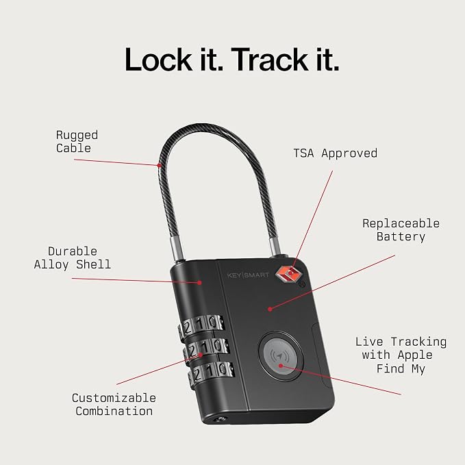 KeySmart SmartLock Tracking Luggage Locks, TSA Locks for Luggage, GPS Tracker, Combination Lock Compatible with Apple Find My App, Best Travel Essentials, Replaceable Non-Rechargeable Battery (5 Pack)