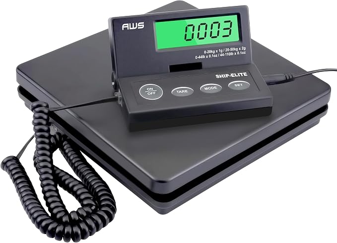 American Weigh Scales Digital Shipping Scale | Highly Accurate Multifunctional Postal Package & Luggage Weighing Scale | 110 lbs x 0.1 oz | Backlit LCD | Battery & AC Adapter | Compact Platform