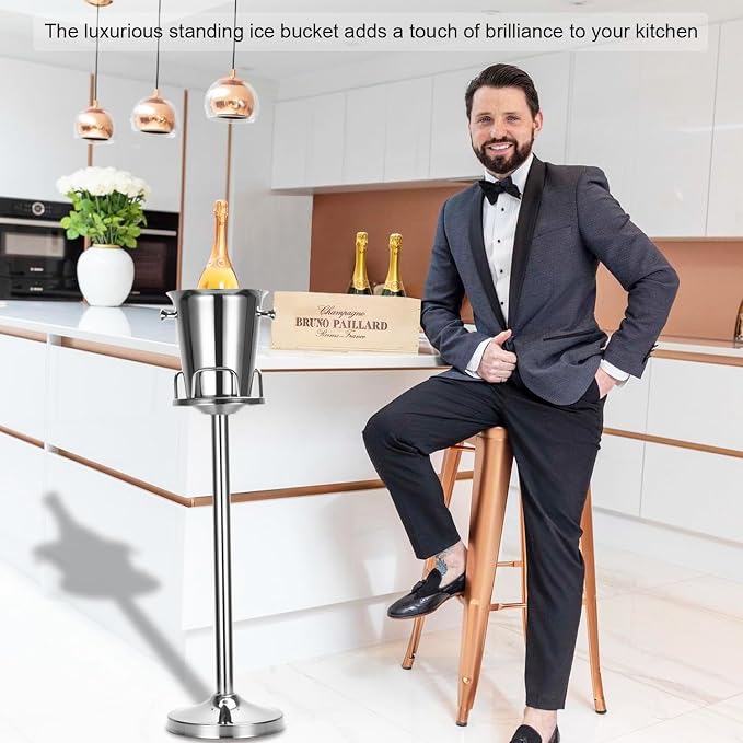 Champagne Bucket with Stand,Ice Bucket with Stand Stainless Steel Bucket Wine Chiller On Stand 12Lb Hammered Tall Ice Bucket Stand for Party Bar Ktv Bbq Home,3ft (silver, 1 pack)