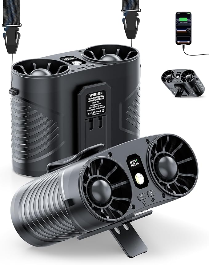 2PCS Dual Motor Wearable Waist Fan, 34000RPM Super Strong Airflow, Multifunctional Clip On Fan for Belt/Body/Shirt/Undershirt/Hip, Hands-Free Personal Cooling Fan for Outdoor Stadium/Work/Camping
