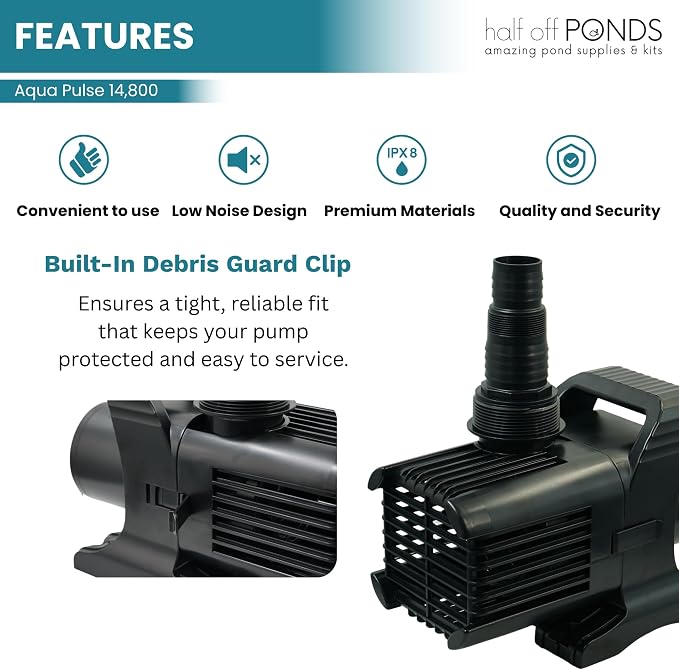 Aqua Pulse Submersible Pond Pump, 14,800 GPH, 100 ft Cord | 35.5 ft max head, 1100W energy efficient, Ultra quiet, For koi ponds, Waterfalls, Fountains