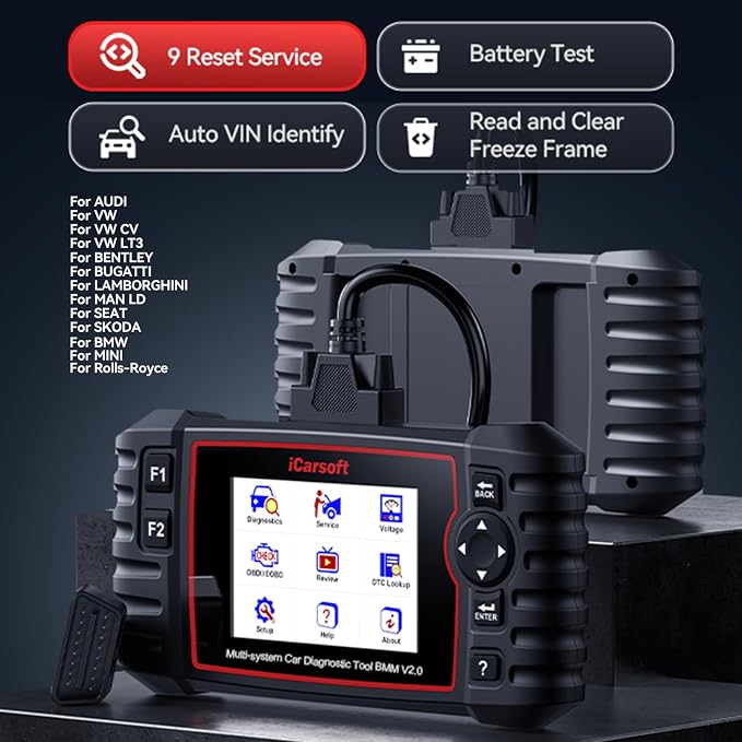 iCarsoft OBD2 Scanner Diagnostic Tool for BMW/VW/Audi, BMM V2.0 (Enhanced Ver) All System 9 Maintenance Resets Battery Registration/Battery Test Code Reader Auto VIN -16PIN OBDII Adapter