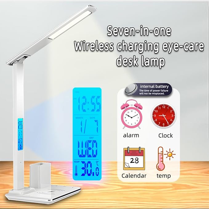 Multifunctional Wireless Charging Bedside Lamp with Digital Display,15W Fast Charger&Alarm Clock,Dimmable Touch Control,Multi-Angle Adjustable Desk Lamp for Home and Office,HYT1771 White.