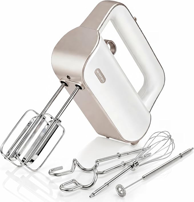 Master 4-in-1 Electric Hand Mixer with Turbo Boost, Stainless Steel Whisk, Beaters, Dough Hooks & Milk Frother, Lightweight Handheld Mixer for Baking & Coffee, Champagne Gold