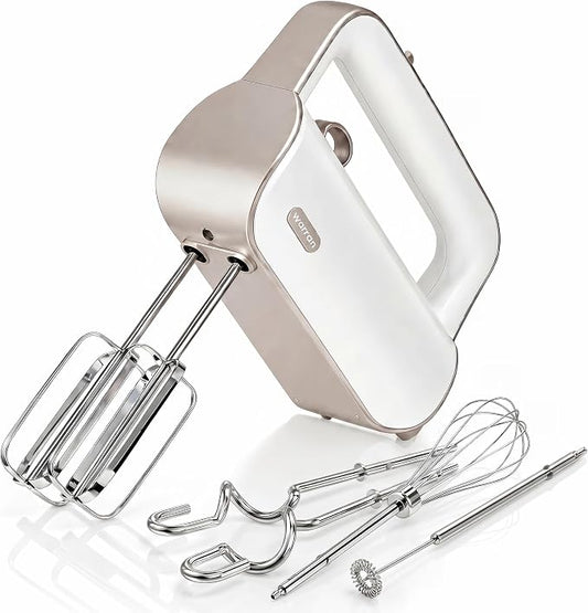 Master 4-in-1 Electric Hand Mixer with Turbo Boost, Stainless Steel Whisk, Beaters, Dough Hooks & Milk Frother, Lightweight Handheld Mixer for Baking & Coffee, Champagne Gold