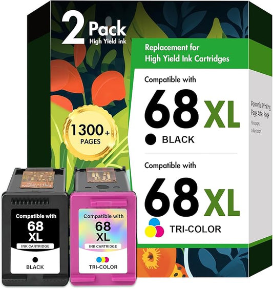 68 6155e 6555e 68XL 68e Ink Cartridges Black Color Combo Pack for HP68 Ink 68 XL Compatible for HP Envy 6100e 6500e Series Printers 6152e 6165e 6558e 6552e (2 Pack-1 Black, 1 Tri-Color)