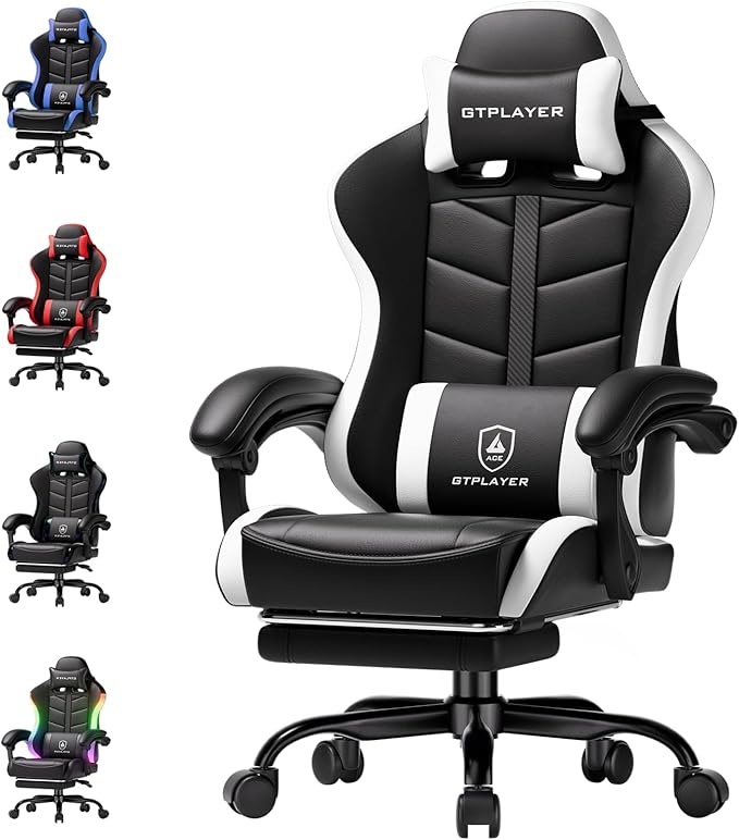 GTPLAYER Gaming Chair, Ergonomic Computer Office Chairs for Adults with Footrest, Height Adjustable, Linkage Armrests, 90-155° Recline & Headrest Lumbar Support, Black & White