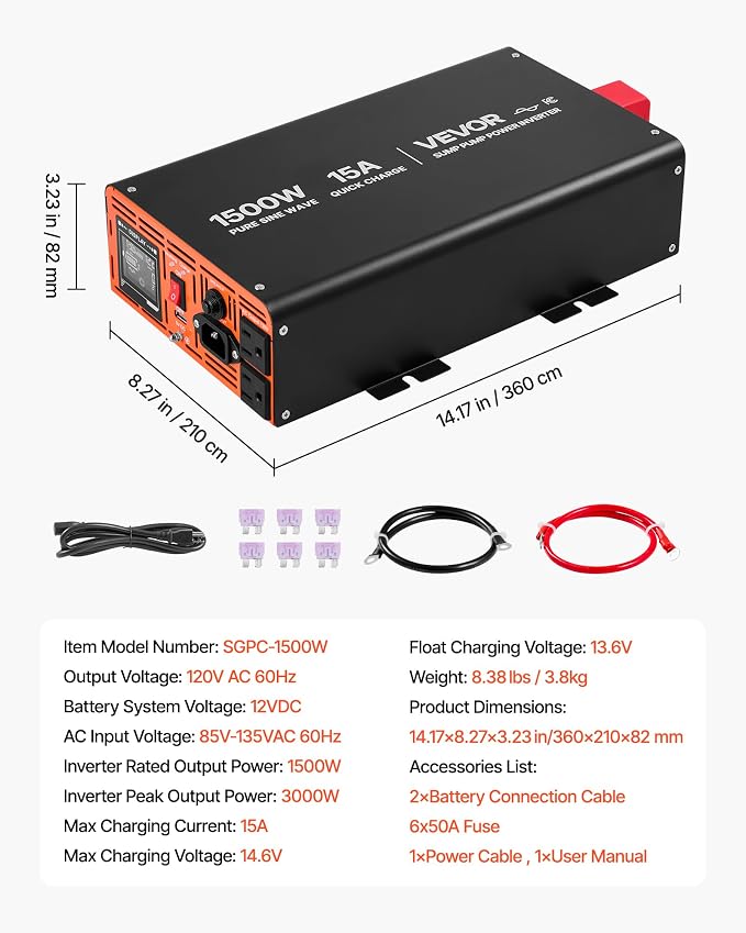 VEVOR 1500W Sump Pump Battery Backup System, LCD Display, Auto Switches to Battery Inverter Power for Sump Pump, Pure Sine Wave, for Basement Protection Emergency and Power Outage, Battery Not Include