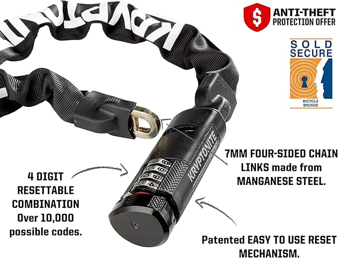 Kryptonite Keeper 712 Combo Bike Chain Lock, 4-Foot 7mm Steel Heavy Duty Anti-Theft Resettable Combination Chain for Bicycles, E-Bikes & Scooters, Sold Secure Bronze | chain-bike-locks