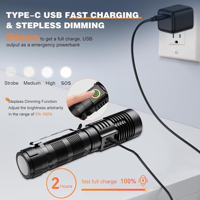 Hoxida Rechargeable Flashlights High Lumens - 1500 Meters Long Beam Super Bright LED Magnetic Flashlight USB Zoomable 5Modes Small Long Beam Spotlight Flashlight for Hiking, Camping, 4pcs