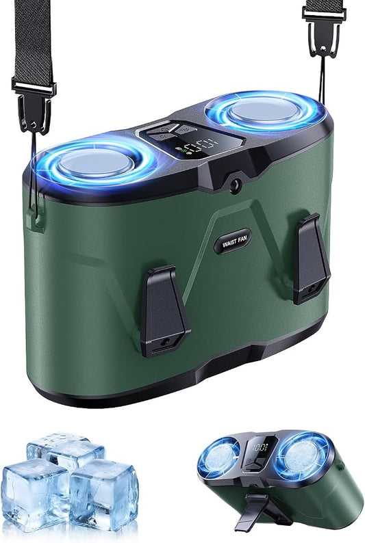 KIMMOO Dual-Motor Rechargeable Waist Fan with Ice Cooling, 25000 RPM High-Speed Neck Belt Clip-on Fan with 10 Gears, LED Display & Flashlight, Hands-Free Personal Fan for Work Outdoor Travel, Green