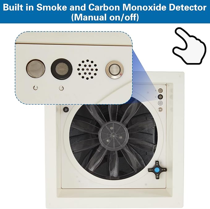 Manual RV Roof Vent Fan With S-MOK Al_arm and Ca-Bon Dete_ctor, 12V 14" Super Quiet RV Roof Fan, 3-Speed, Reversible