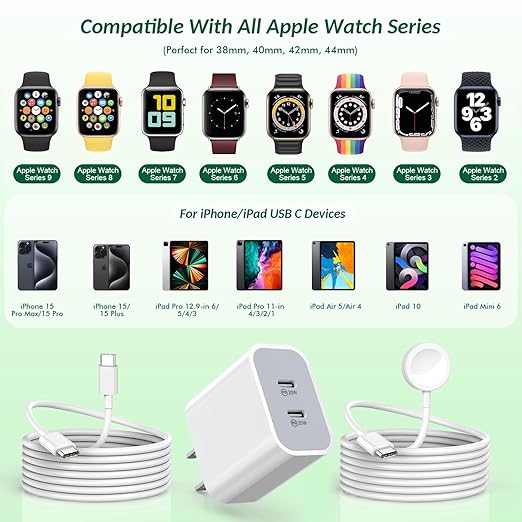 Super Fast Charger for Apple Watch & iPhone, 40W Dual USB C Port Fast Charger Adapter with 6FT Long Apple iWatch Cable and USB C to C Cord Compatible with Apple Watch Series 10/9/8/7/SE/6/5, iPhone 17