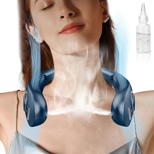 Personal Neck Fans Mister with Water Spray, 4000mAh 4-9H Lasting, Mini Foldable Leafless AC for Neck Face Shoulder, LED Cordless Hanging Wearable Headphone Fan for Kid Adult Worker Hot Weather, Blue