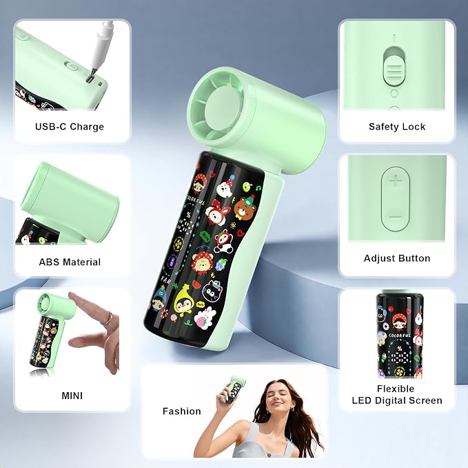 R-fun Colorful Handheld Mini Fan M126, 18000 RPM High-Speed Turbo Personal Fan, Rechargeabl Portable Fan, Flexible Curved Color Screen, Travel Essentials, Summer Gifts for Women and Men, Green