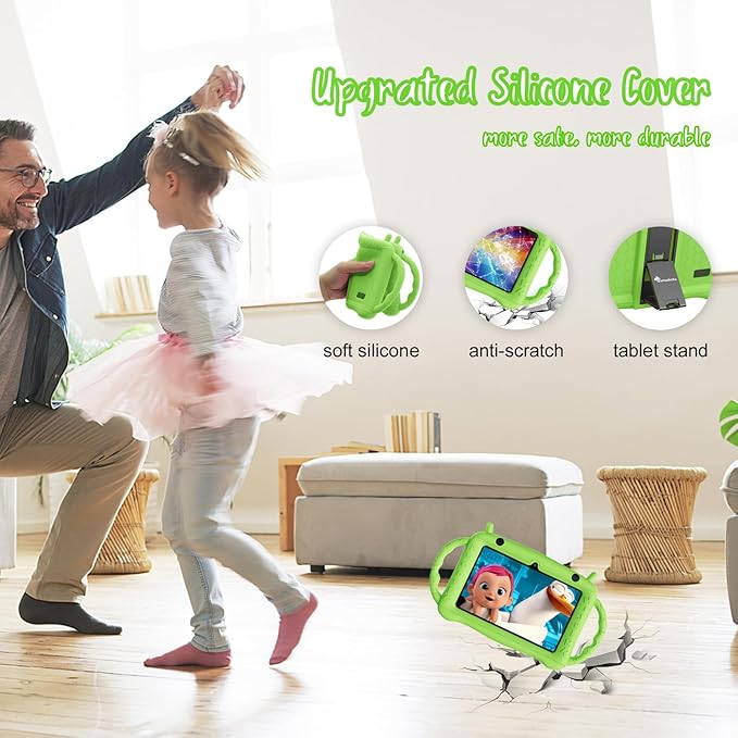 7 inch Tablet for Kids 2-10, Educational Learning Toddler Tablet Android 12 with Shockproof Case, 2GB RAM+32GB ROM, Parental Control, Dual Camera, Gift for Boy Girl（Green）