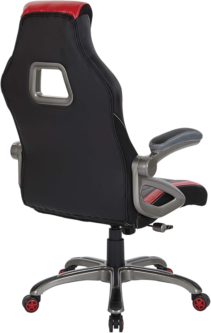 OSP Home Furnishings Race Car Adjustable Gaming Chair, Charcoal Grey Bonded Leather with Red Accents