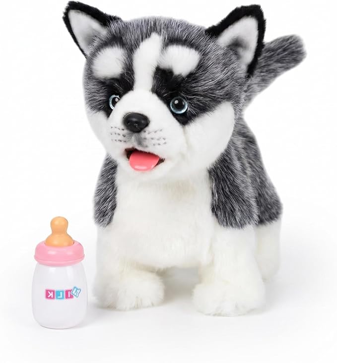 CU-MATE Electronic Walking Dog Toy, Interactive Plush Siberian Husky Puppy, Realistic Interactive Pet Toy Dog, Walking, Barking, Wagging Tail & Talking, Present Gifts for 3+ Year