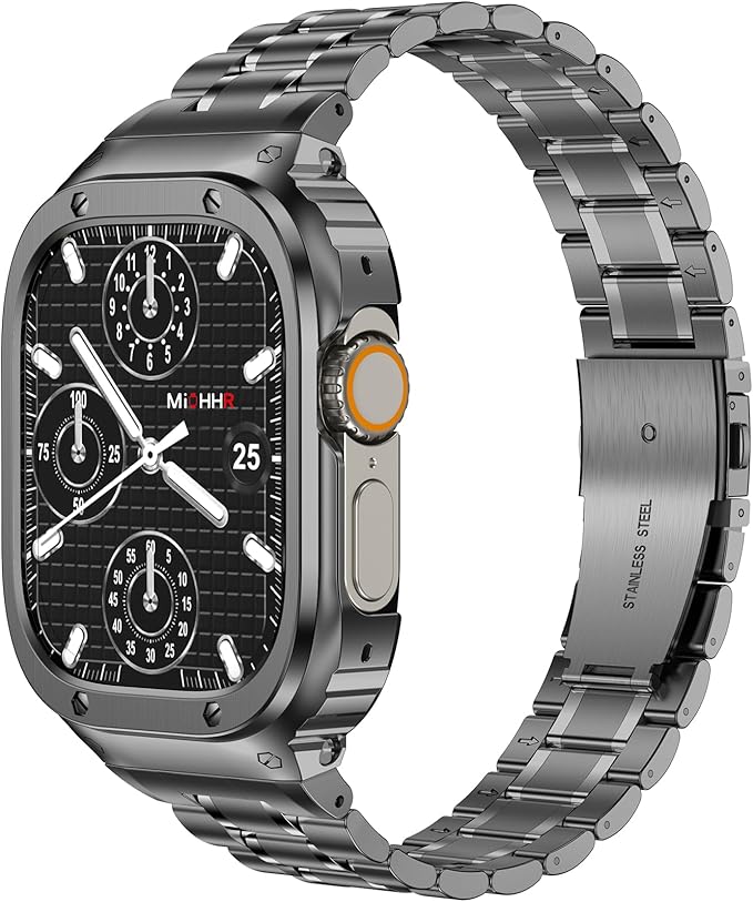 MioHHR Stainless Steel Watch Band with Case Compatible with Apple Watch Ultra3 2 1(49mm), Rugged Strap with Metal Protective Bumper Cover for iWatch Band Men(Space Grey)
