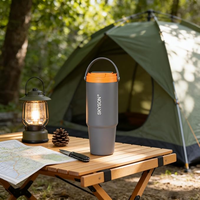 minkah Fast Extraction Mini Electric Coffee Maker - Portable Filter Coffee Brewer for Travel,Insulated Stainless Steel Tumbler,30 oz Reusable Iced Coffee Cup Machine,Hot Coffee Mug with Lid (Orange)