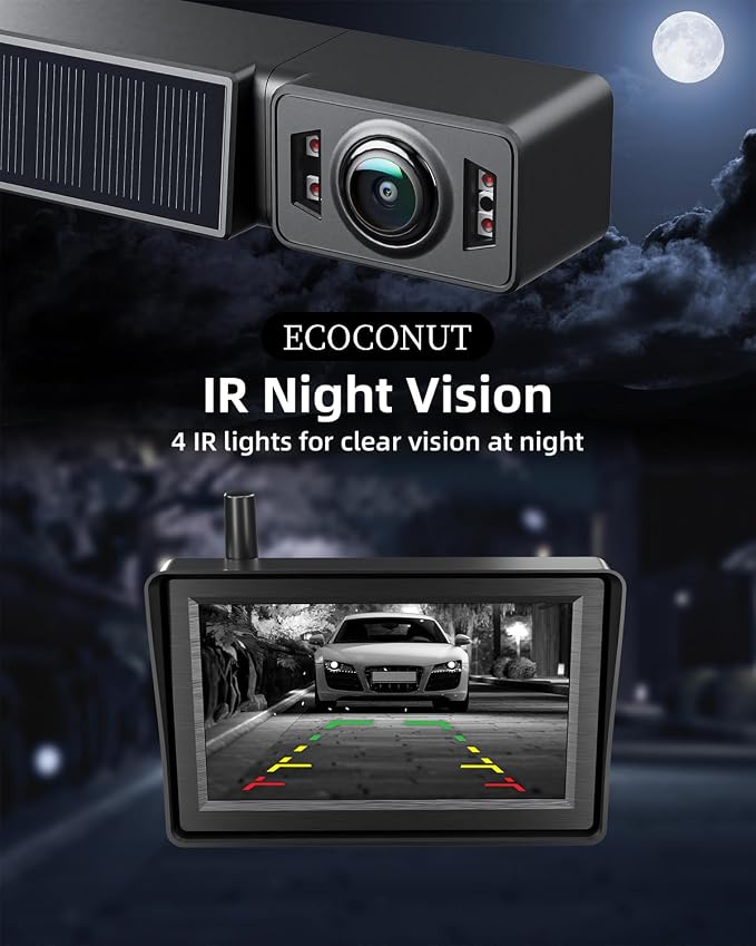 Solar Wireless Backup Camera with IR Night Vision, 3 Mins No Wires Install, Equip with 5'' HD 1080P Monitor, IP69K Waterproof Rear View Reverse Camera for Cars Trucks Trailers RV