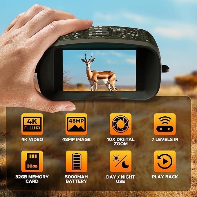 4K Night Vision Goggles - 48MP Infrared Binoculars for Hunting Camping Wildlife, 10X Digital Zoom 1300ft Range, 5000mAh Battery 15H Day/10H Night Use, 32GB Card, 3" LCD Screen