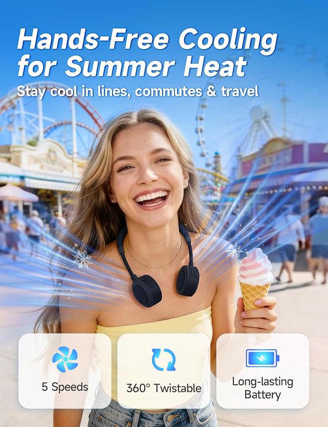 Portable Neck Fan - Hands Free Personal Face Fan, 5 Speeds Rechargeable Wearable Cooling Fan, Flexible Foldable Small Thin Quiet Neck Cooler for Travel, Work, Hot Flashes (Smoky Gray)
