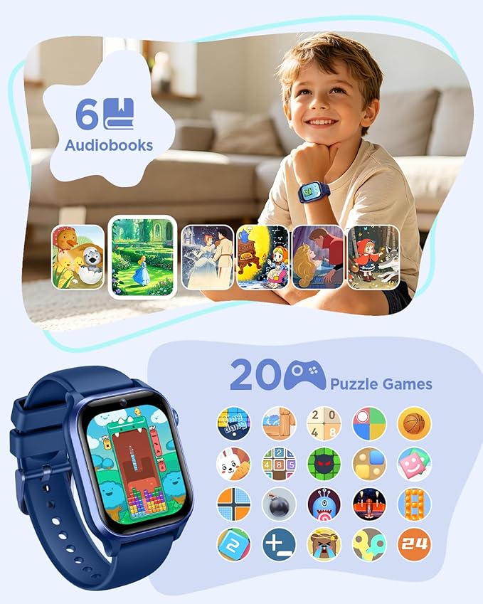 Smart Watch for Kids NO APP/Phone, 1.52" Fitness Tracker Watch Pedometer, Heart Rate, Flashlight, Video Camera, Puzzle Games, Sleep Monitor, IP68 Waterproof, Gift for Boys Girls 5-16, Blue