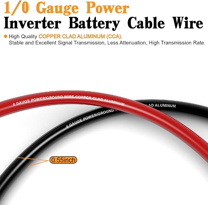1/0 Gauge Wire CCA Power/Ground Cable 40FT Black/Red with lugs,250A ANL Fuse,1/2 inch Cable Split Sleeving,Self Adhesive Mounts Zip Ties kit